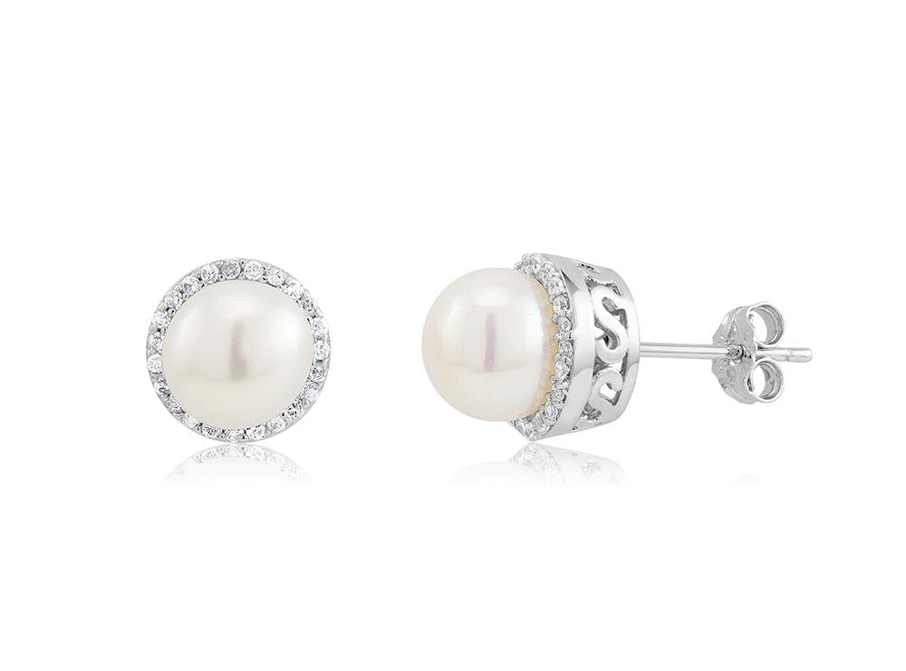 Sterling Silver Cubic Zirconia Pearl Post Earrings