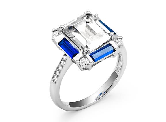 Sterling Silver Emerald Cut CZ with Blue Spinel Ring