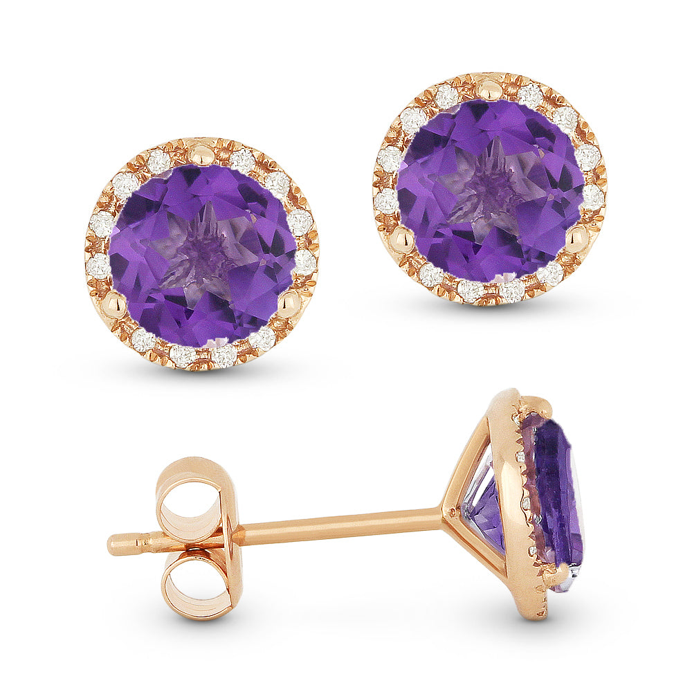 14kt Yellow Gold Diamond Purple Gemstone Post Earrings
