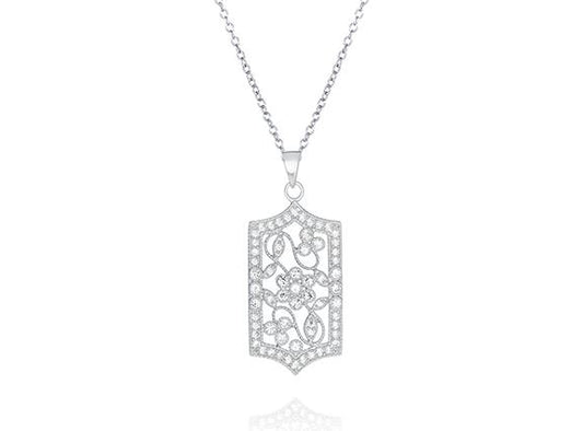 Sterling Silver Cubic Zirconia Square Floral Pendant Necklace