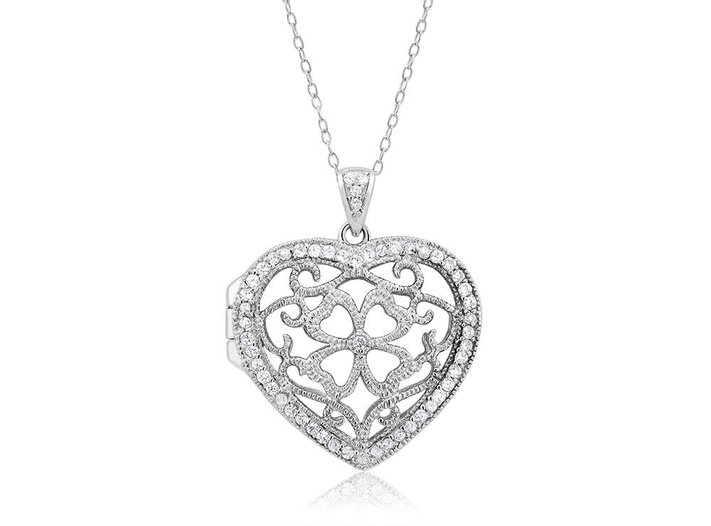 Sterling Silver CZ Heart Locket Pendant Necklace