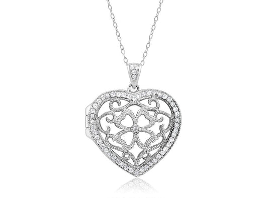 Sterling Silver CZ Heart Locket Pendant Necklace