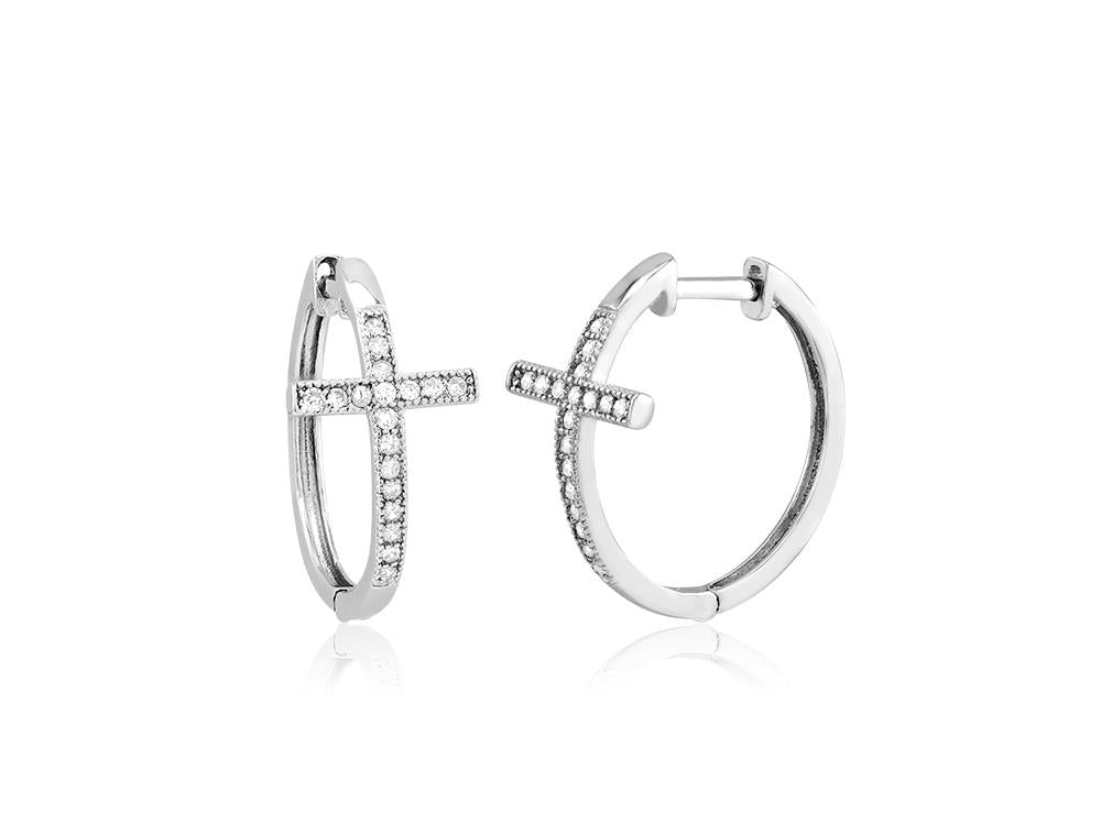 Sterling Silver Cubic Zirconia Cross Huggie Earrings